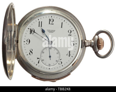 Hermann Göring - a presentation pocket watch from Carin Göring, 1924 Silver watch with hunter case from the workshop of Gustav Schulze, court watchmaker in Munich. High-quality, movement mounted with rubies, with hour repeater. On the front a finely engraved depiction of St.George, one of St. Hubert on the back, each surrounded by an inscription in Latin, the presentation inscription around the St.Hubertus scene saying: 'To my beloved Hermann, Waidmannsheil (Hunter's greeting) always from his Carin, Innsbruck 12 January 1924'. Mark of fineness for silver. Diameter 60 mm. Th, Editorial-Use-Only Stock Photo