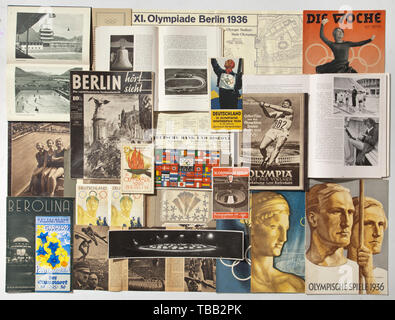 A large collection on the Winter and Summer Olympic Games 1936 in Germany Comprehensive material on the Olympic Games with the venues Berlin, Garmisch-Partenkirchen, Kiel, and Wroclaw. Among them guides, day schedules, admission tickets, photos, picture postcards, documents such as travel records, Olympic week schedule for Garmisch and Farchant, programme for officials, photo album with embossed title, city maps, 'AGFA' disc with appointments, side programmes (dance, football, KDF), original Olympia pennant, calendar, traffic directions and much , Additional-Rights-Clearance-Info-Not-Available Stock Photo