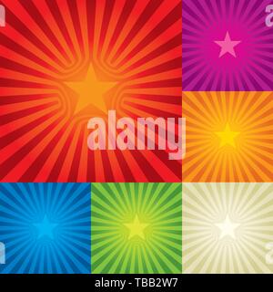 Vector illustration. Star burst background in six colors. Central composition. Stock Vector