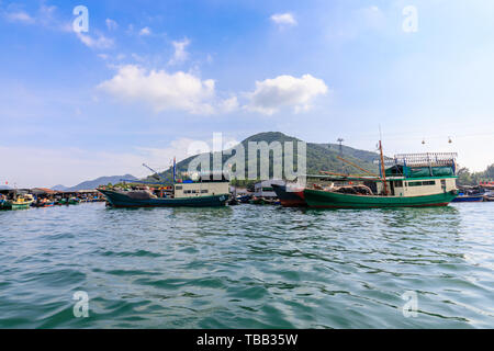 Monkey Island fishing rafts in South Bay, Hainan, China Stock Photo