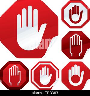 Vector illustration. Stop sticker. Seven hand stop icons on octagon button. Stock Vector