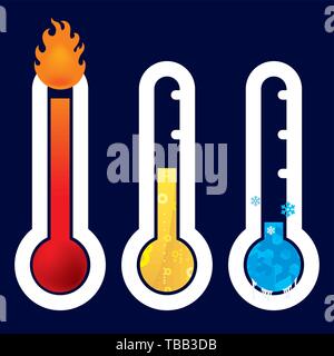 Vector illustration. Thermometer icon in three circumstances. Hot, warm cold Stock Vector