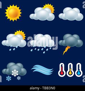 Vector illustration. Weather 3D icons of sun, clouds and themperature. Stock Vector