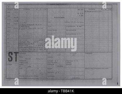 An SS honour ring document Type III, hand-signed by Reichsführer SS Heinrich Himmler, awarded 15 January 1944, 'SS-Untersturmführer Dr. Hans Kment, SS-Nr. 328 487, 97.SS-Standarte'. Size 30 x 21 cm. Cream colour paper, several fine folds. Dr. Hans Kment was a physician with WW I experience as an Oberleutnant and fought in the Kradschützen Regiment of 'Das Reich' during WW II. USA-lot, see page 5. historic, historical, 20th century, 1930s, 1940s, Waffen-SS, armed division of the SS, armed service, armed services, NS, National Socialism, Nazism, Third Reich, German Reich, Ger, Editorial-Use-Only Stock Photo