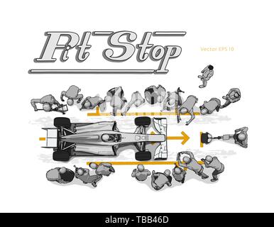 Formula race car in pit stop vector sketch Stock Vector