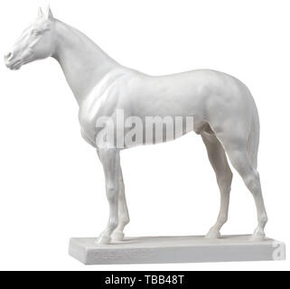 Albrecht Hinrich Hussmann - the race horse 'Oleander' White biscuit porcelain, the plinth stamped with the artist's monogram, the raised inscription 'Oleander' on the side, the base with impressed model number '1689' and green Rosenthal manufacture's mark. Height circa 35 cm. Signs of age. Finely modelled figure of a slender, athletic horse. The thoroughbred 'Oleander' (1924 - 1947) was raised in the Schlenderhan stud farm. The red stallion was considered to be the first German race horse of international standard and won 19 of 23 races. He achieved a total prize money of 5, Editorial-Use-Only Stock Photo