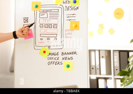 Male IT designer near flipchart with drawn wireframe in office Stock Photo