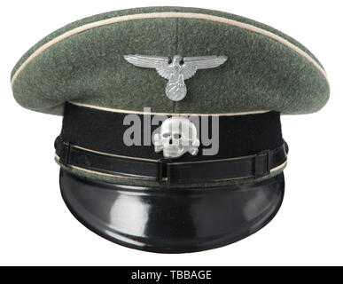 THE JOHN PEPERA COLLECTION, A Visor Hat for NCO/EM of the Waffen SS, Field grey wool top, black wool centre band, white wool piping, aluminium eagle and skull insignia. Black patent leather visor and chinstrap. Grey polished cotton interior lining with damaged moisture shield and grey pressed paper sweatband., Editorial-Use-Only Stock Photo
