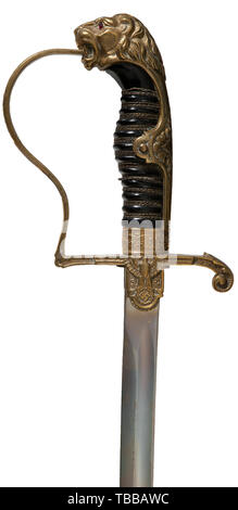 THE JOHN PEPERA COLLECTION, A Saber for Army Officer, E. & F. Horster, Solingen, Slightly curved plated blade with manufacturer's logo stamped in obverse ricasso. Service worn gilded brass lion head hilt with red glass eyes. Obverse langet depicting national eagle with outstretched wings. Back strap, knuckle bow and ferrule decorated with oakleaf pattern. Black celluloid grip with damaged triple brass wire wrap. Black lacquered steel scabbard retains 80% finish with movable attachment ring. Length 94 cm., Editorial-Use-Only Stock Photo