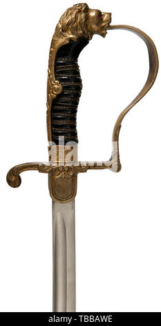 THE JOHN PEPERA COLLECTION, A Saber for Army Officer, WKC, Solingen, Model No. 1059, Slightly curved plated blade with manufacturer's logo stamped in obverse ricasso. Service worn gilded brass lion head hilt with red glass eyes. Obverse langet depicting national eagle with outstretched wings. Back strap, knuckle bow and ferrule decorated with oakleaf pattern. Black celluloid grip with damaged triple brass wire wrap. Black lacquered steel scabbard retains 85% with bent movable attachment ring. Length 97 cm., Editorial-Use-Only Stock Photo