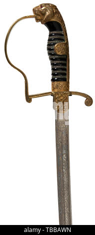 THE JOHN PEPERA COLLECTION, A Saber for Army Officer, Carl Eickhorn, Solingen, Model No. 1312, Slightly curved triple etched plated blade with manufacturer's logo stamped in reverse ricasso. Slightly bent gilded brass leopard head hilt with red glass eyes. Obverse langet depicting crossed sabers. Back strap, knuckle bow and ferrule decorated with oakleaf pattern. Black celluloid grip with triple brass wire wrap. Black lacquered steel scabbard retains 85% finish with movable attachment ring. Length 98 cm., Editorial-Use-Only Stock Photo