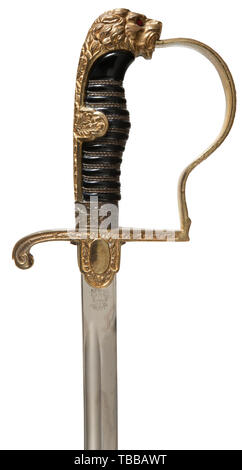 THE JOHN PEPERA COLLECTION, A Saber for Army Officer, Alcoso, Solingen, Model No. 119, Slightly curved plated blade with manufacturer's logo stamped in reverse ricasso. Gilded brass lion head hilt with red glass eyes. Obverse langet depicting national eagle with outstretched wings. Back strap, knuckle bow and ferrule decorated with oakleaf pattern. Black celluloid grip with triple brass wire wrap. Black lacquered steel scabbard retains 85% aged finish with movable attachment ring. Length 99 cm., Editorial-Use-Only Stock Photo