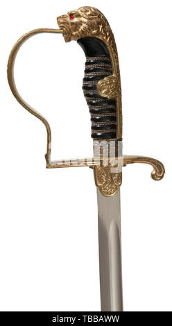 THE JOHN PEPERA COLLECTION, A Saber for Army Officer, Alcoso, Solingen, Model No. 119, Slightly curved plated blade with manufacturer's logo stamped in reverse ricasso. Gilded brass lion head hilt with red glass eyes. Obverse langet depicting national eagle with outstretched wings. Back strap, knuckle bow and ferrule decorated with oakleaf pattern. Black celluloid grip with triple brass wire wrap. Black lacquered steel scabbard retains 85% aged finish with movable attachment ring. Length 99 cm., Editorial-Use-Only Stock Photo