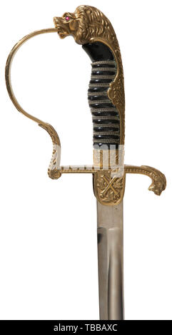 THE JOHN PEPERA COLLECTION, A Saber for Army Officer, P. O & Co, Slightly curved plated blade with manufacturer/distributor logo stamped in reverse ricasso. Gilded brass lion head hilt with red glass eyes. Obverse langet depicting crossed cannons. Ornate reverse langet with lightly engraved initials 'FJ'. Back strap, knuckle bow and ferrule decorated with oakleaf pattern. Black celluloid grip with triple brass wire wrap. Black lacquered steel scabbard retains 90% finish with movable attachment ring. Length 96 cm., Editorial-Use-Only Stock Photo