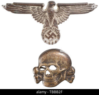 THE JOHN PEPERA COLLECTION, A matching set of SS insignia for the visor cap, Silvered cupal, the eagle marked 'RZM M/8', the skull 'RZM M1/52'., Editorial-Use-Only Stock Photo