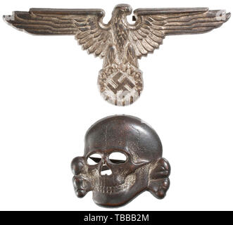 THE JOHN PEPERA COLLECTION, A matching set of SS insignia for the visor cap, Silvered cupal, the eagle marked 'RZM 394-35', the skull 'RZM M1/52'., Editorial-Use-Only Stock Photo