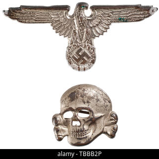 THE JOHN PEPERA COLLECTION, A matching set of SS insignia for the visor cap, Silvered cupal, the eagle marked 'RZM 394-35, the skull 'RZM M1/52'., Editorial-Use-Only Stock Photo