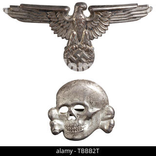 THE JOHN PEPERA COLLECTION, A matching set of SS insignia for the visor cap, Silvered cupal, the eagle marked 'RZM 155/36', the skull 'RZM M1/52'., Editorial-Use-Only Stock Photo
