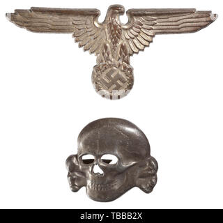 THE JOHN PEPERA COLLECTION, A matching set of SS insignia for the visor cap, Silvered cupal, the eagle marked 'RZM 394-35', the skull 'RZM M1/52', one splint of eagle missing., Editorial-Use-Only Stock Photo