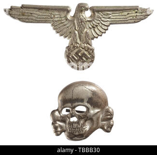 THE JOHN PEPERA COLLECTION, A matching set of SS insignia for the visor cap, Silvered cupal, the eagle marked 'RZM 394-35', the skull 'RZM M1/52'., Editorial-Use-Only Stock Photo