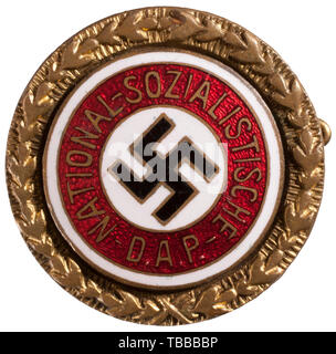 THE JOHN PEPERA COLLECTION, A Golden Party Badge of the NSDAP in 24 mm, Worn gilt Tombak with inset silver-plated, enamelled party badge. Party member number '38518' on reverse with horizontal pin. Attachment plate stamped 'Jos. Fuess München'., Editorial-Use-Only Stock Photo