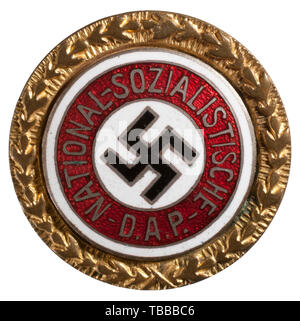 THE JOHN PEPERA COLLECTION, A Golden Party Badge of the NSDAP in 24 mm, Lightly worn gilt Tombak with inset silver-plated, enamelled party badge. Party member number '48721' on reverse with horizontal pin. Attachment plate stamped 'Jos. Fuess München'., Editorial-Use-Only Stock Photo