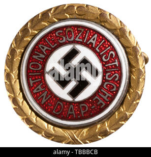 THE JOHN PEPERA COLLECTION, A Golden Party Badge of the NSDAP in 24 mm, Deschler produced gilt Tombak with inset silver-plated, enamelled party badge (light aging). Party member number '10544' on reverse with vent hole below horizontal pin., Editorial-Use-Only Stock Photo
