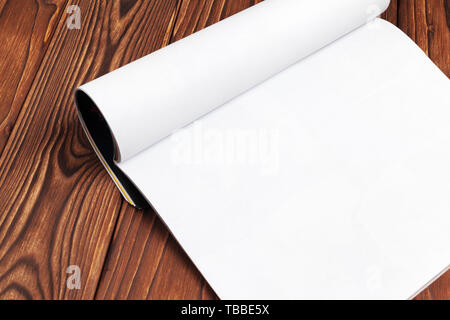 Open blank journal pages for your design copy space on wooden background Stock Photo