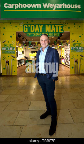 Australian cricket legend Michael Slater welcomes shoppers to 'Carphoown Weyarhouse' as the mobile retailer pulls a switcheroo and switches allegiance to champions Australia for the summer of cricket. PRESS ASSOCIATION Photo. Picture date: Friday May 31, 2019. Photo credit should read: Isabel Infantes/PA Wire Stock Photo