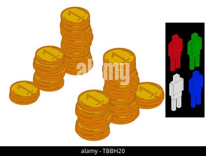 Podium of stacks of coins. Many gold coins in towers. Stock Vector