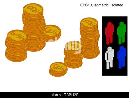 Podium of stacks of coins. Many gold coins in towers. Bitcoin,dollar,euro Stock Vector