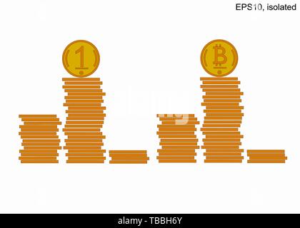 Podium of stacks of coins. Many gold coins in towers. Bitcoin. Stock Vector