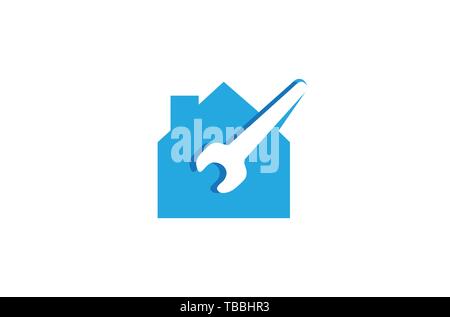 Creative Blue House Wrench Logo Design Symbol Vector Illustration Stock Vector