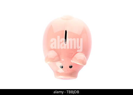 Happy piggy bank isolated on white background, top view. Finance, saving money Stock Photo