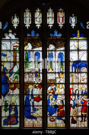 Sixteenth century stained glass windows inside church of Saint Mary, Fairford, Gloucestershire, England, UK - window 3 Stock Photo