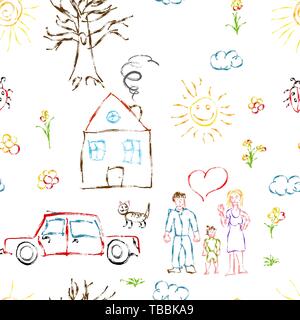 Cute colorful child's hand drawn objects like family, flowers, house, grass, tree, sun and cat, seamless pattern Stock Vector