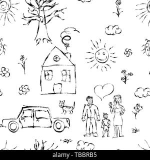 Cute black child's hand drawn objects like family, flowers, house, grass, tree, sun and cat, seamless pattern on white Stock Vector