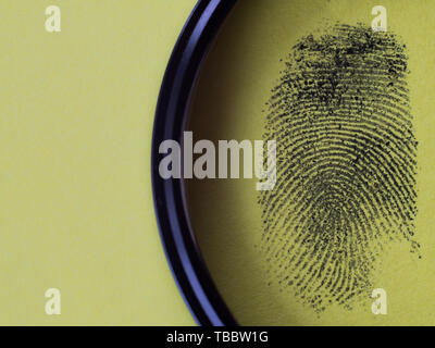Fingerprint under a magnifying glass on a yellow background. Biometrics and crime concept. Stock Photo
