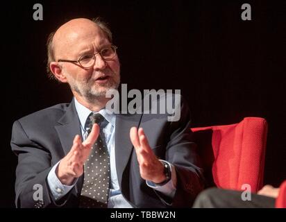 Author and screenwriter Stephen Harrigan moderates a discussion with two-time Pulitzer Prize-winning author Robert Caro at the LBJ Presidential Library April 15, 2019 in Austin, Texas. Caro spoke about his new book, Working, a collection of vivid, candid, and deeply revealing stories about researching and writing his acclaimed books. Stock Photo