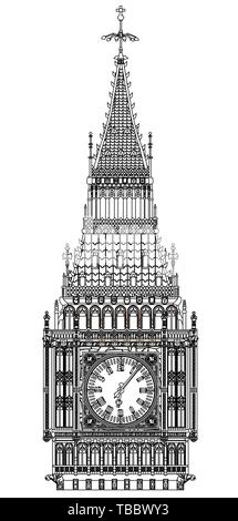 A detailed illustration of the Big Ben clock face and roof. Stock Vector