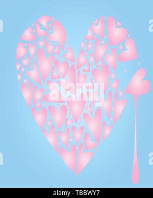 A large pink heart made up of several smaller hearts against a pale blue background with a tear of blood. Stock Vector