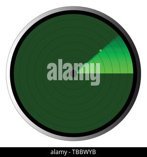 The screen of a typical radar device in green with a detected UFO Stock Vector