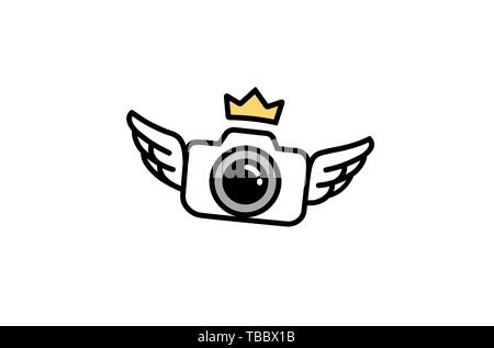 Creative Black Camera Crown Wings Logo Design Symbol Vector Illustration Stock Vector