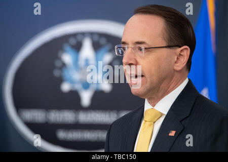 U.S Deputy Attorney General Rod Rosenstein delivers remarks during the swearing in ceremony for Donald Washington as the new director of the U.S. Marshals Service April 11, 2019 in Arlington, Virginia. Stock Photo