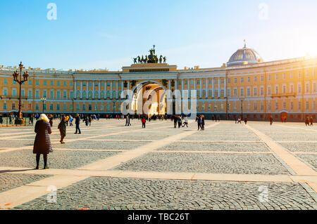 St Petersburg, Russia - April 5, 2019. The General Staff Building on Palace Square in Saint Petersburg, Russia. City spring landscape