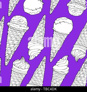 Vector seamless pattern. Endless texture with hand drawn ice creams in waffle cones. Black and white. Background with ice creams isolated on a proton Stock Vector