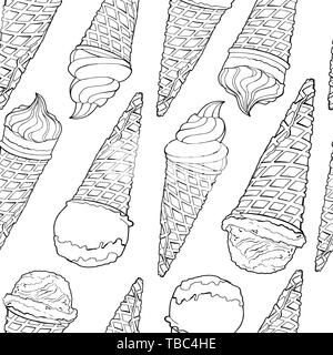 Vector seamless pattern. Endless texture with hand drawn ice creams in waffle cones. Black and white.Background with ice creams isolated on a white Stock Vector