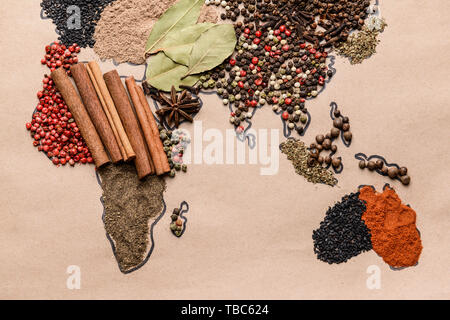 World map made of different spices Stock Photo