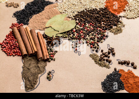 World map made of different spices Stock Photo