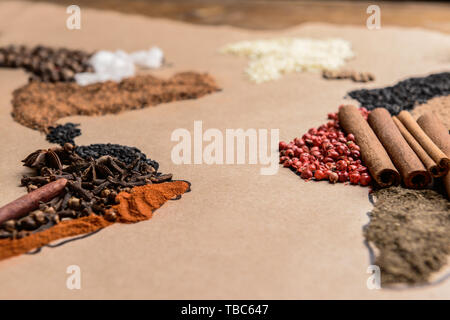 World map made of different spices, closeup Stock Photo